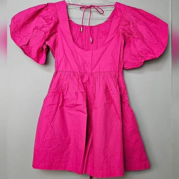 By Anthropologie Women's Puff-Sleeve Romper w Pockets, Fuchsia Hot Pink - Picture 7 of 13